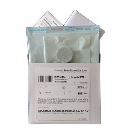 Bloque circular IPM BONEstructure de 30 × 10 mm, sobre fondo blanco