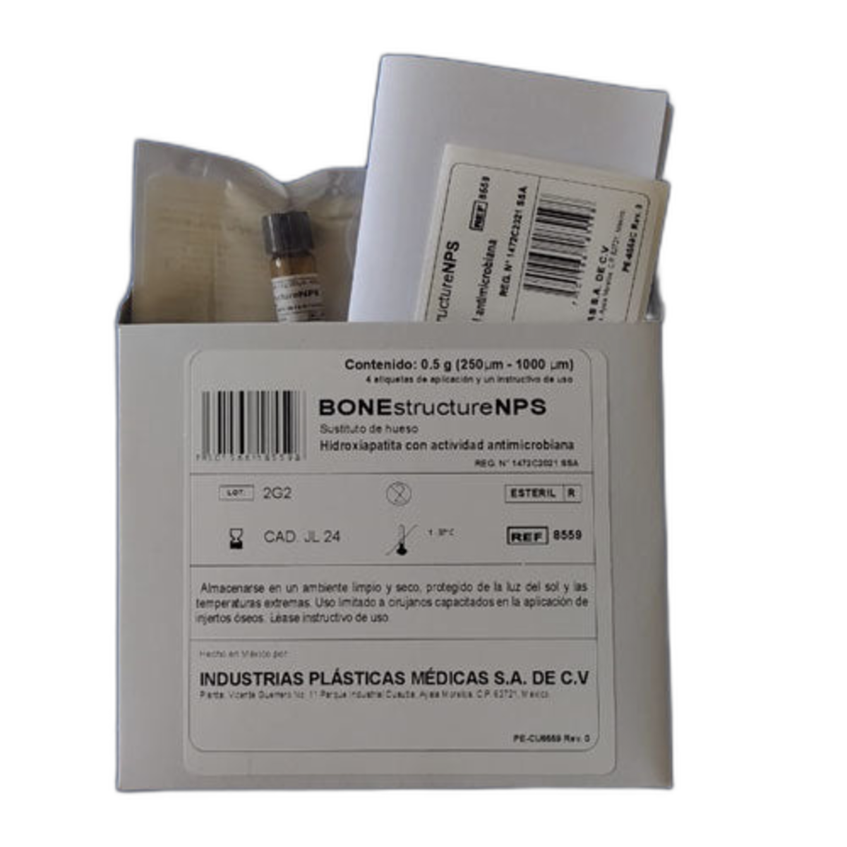 Injerto dental antimicrobiano IPM BONEstructure de 0.5 g, sobre fondo blanco