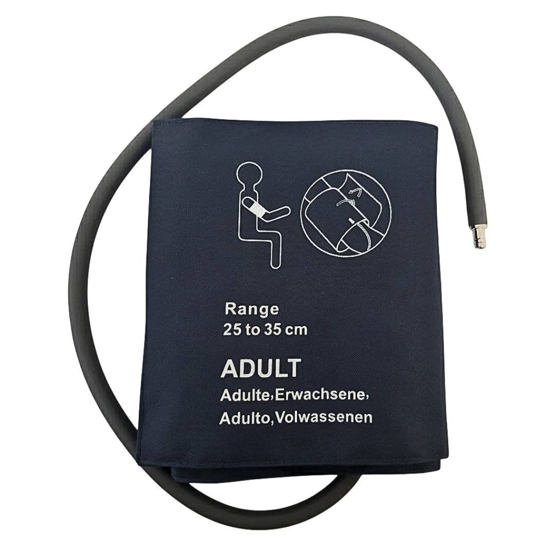 Imagen de referencia: brazalete PANI/NIBP adulto 25–35 cm, reutilizable y de una vía; conector por confirmar