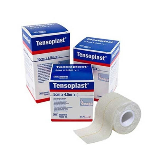 BSN Tensoplast venda adhesiva elástica de 10 cm × 2.7 m sobre fondo blanco