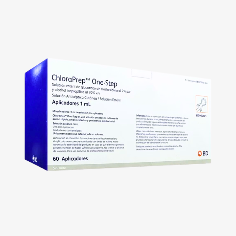Caja BD ChloraPrep One-Step de 1 ml sin tinte, 60 aplicadores, referencia 934501, sobre fondo blanco