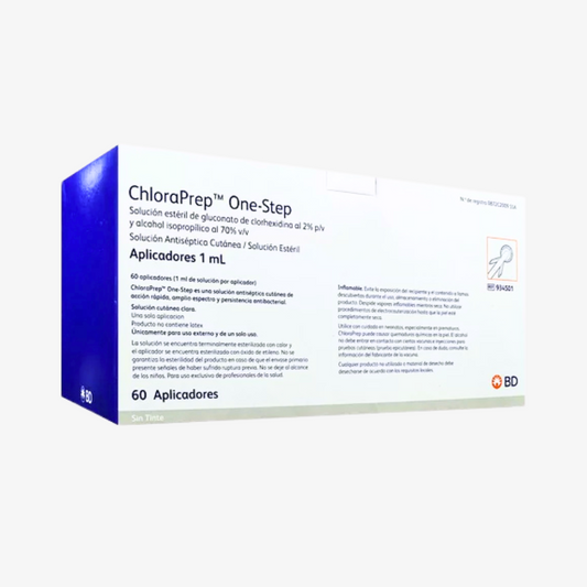Caja BD ChloraPrep One-Step de 1 ml sin tinte, 60 aplicadores, referencia 934501, sobre fondo blanco