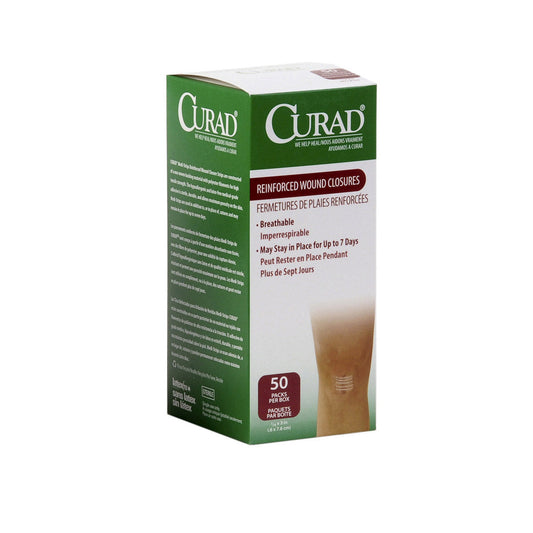 Caja CURAD Medi-Strips Medline 1/4 × 3 in (0,6 × 7,6 cm), 50 sobres por caja, cierre de heridas reforzado, sobre fondo blanco