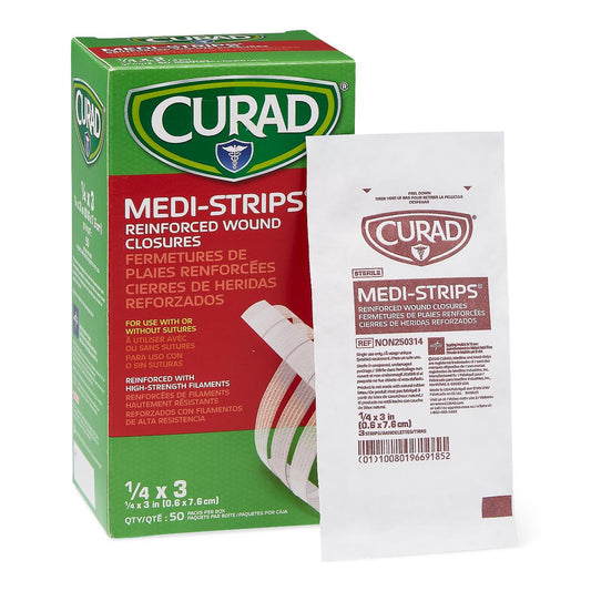 Caja y sobre CURAD Medi-Strips Medline NON250314, 1/4 × 3 in (0,6 × 7,6 cm), 50 sobres por caja y 3 tiras por sobre, sobre fondo blanco