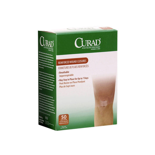 Caja CURAD Medi-Strips Medline 1/4 × 4 in (0,6 × 10,1 cm), 50 sobres por caja, cierre de heridas reforzado, sobre fondo blanco