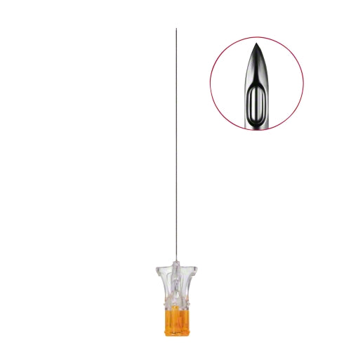 Aguja espinal B. Braun Pencan de punta lápiz, hub transparente y estilete naranja, con detalle de la punta ogival, sobre fondo blanco