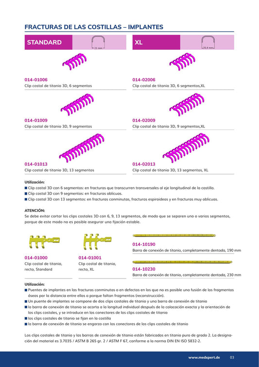 Catálogo MedXpert STRACOS p. 3: clip costal 3D 014-01006 de 6 segmentos Standard (21 mm); la tabla también lista 9, 13 segmentos y XL