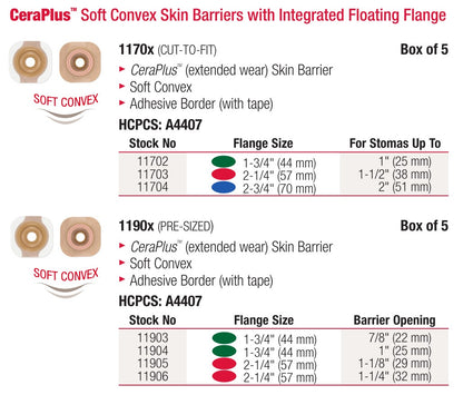 Tabla del catálogo Hollister: barreras CeraPlus Soft Convex con marco, recortables 11702–11704 y precortadas 11903–11906, aros 44, 57 y 70 mm, caja con 5