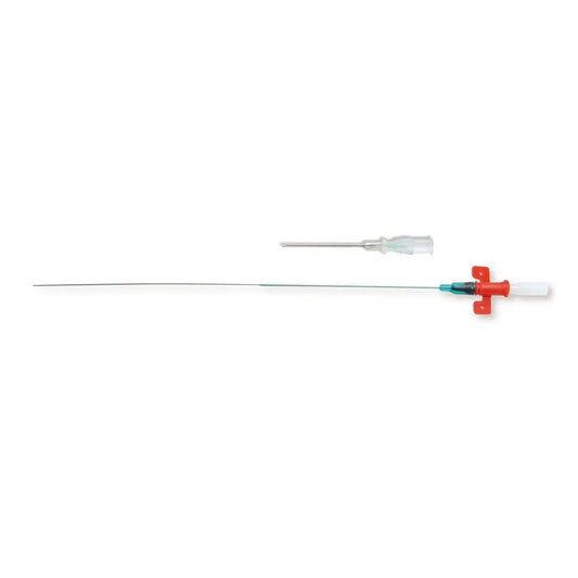 Vygon Leadercath Arterial PE 18 G × 10 cm (REF 115.11): catéter de polietileno con cono rojo alado, aguja introductora y guía