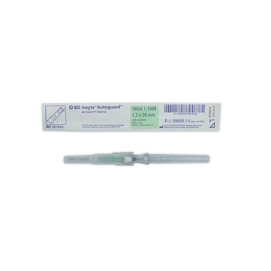 Sobre estéril BD Insyte Autoguard 381844 18 G × 1.16 in y catéter con pabellón verde