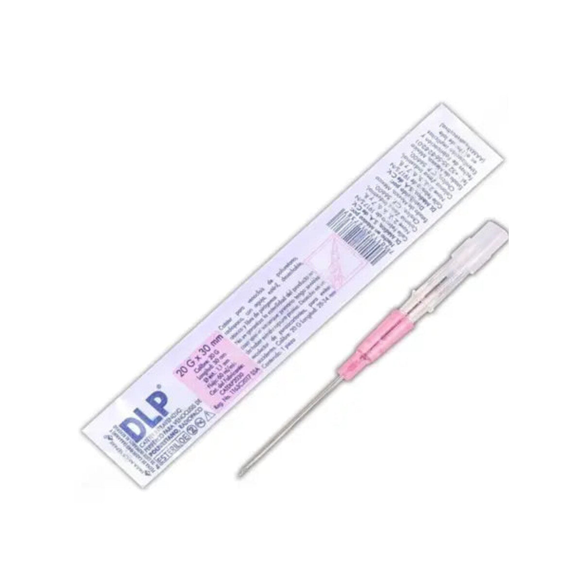 Catéter intravenoso Dentilab calibre 20 G x 28 mm sobre fondo blanco