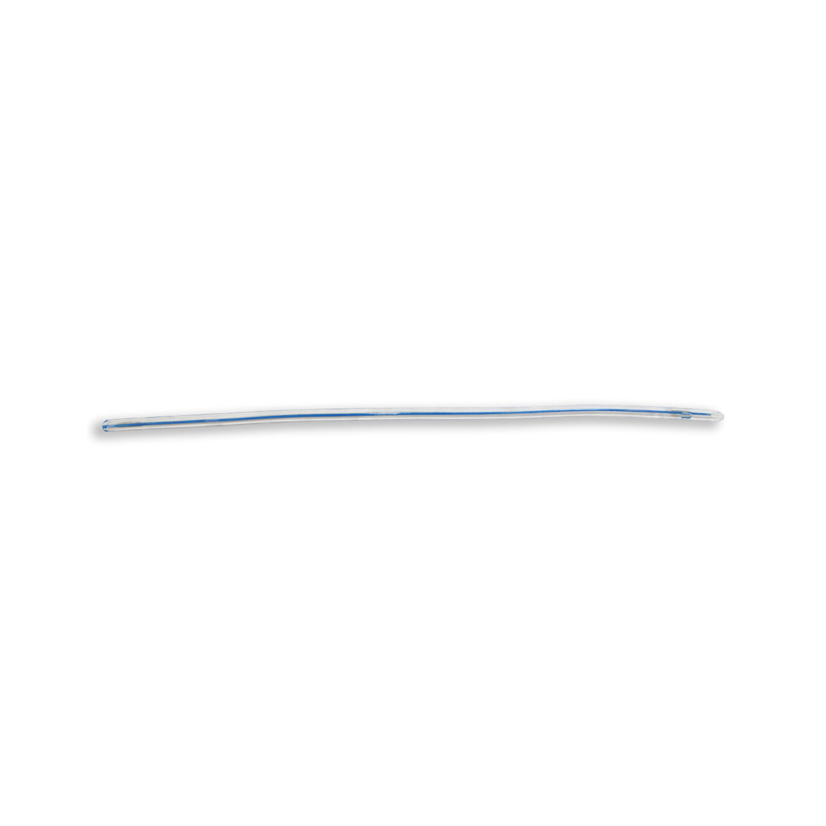 Catéter para drenaje torácico MMD de PVC transparente con línea radiopaca azul, sobre fondo blanco