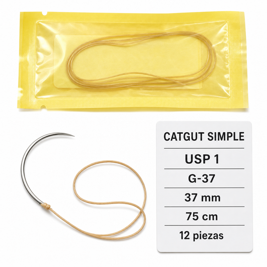 Imagen ilustrativa optimizada: sutura Catgut simple Atramat USP 1 con aguja G-37 de 37 mm, 75 cm, 12 piezas, sobre fondo blanco