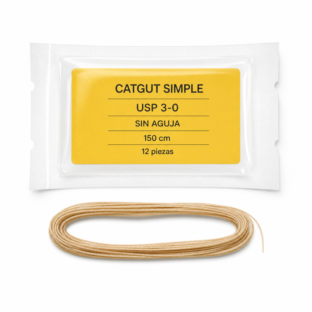Imagen ilustrativa optimizada: sutura Catgut simple Atramat USP 3-0 sin aguja de 150 cm, 12 piezas, sobre fondo blanco
