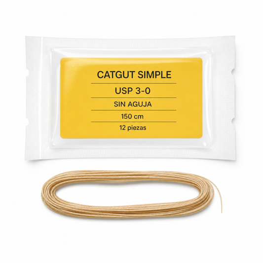 Imagen ilustrativa optimizada: sutura Catgut simple Atramat USP 3-0 sin aguja de 150 cm, 12 piezas, sobre fondo blanco