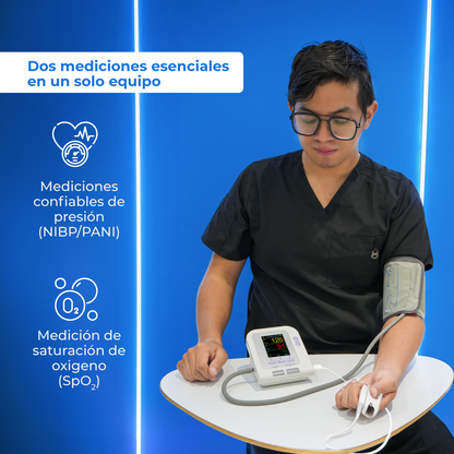 Uso en adulto del Checkatek B14H: brazal en el brazo y sensor de oximetría en el dedo