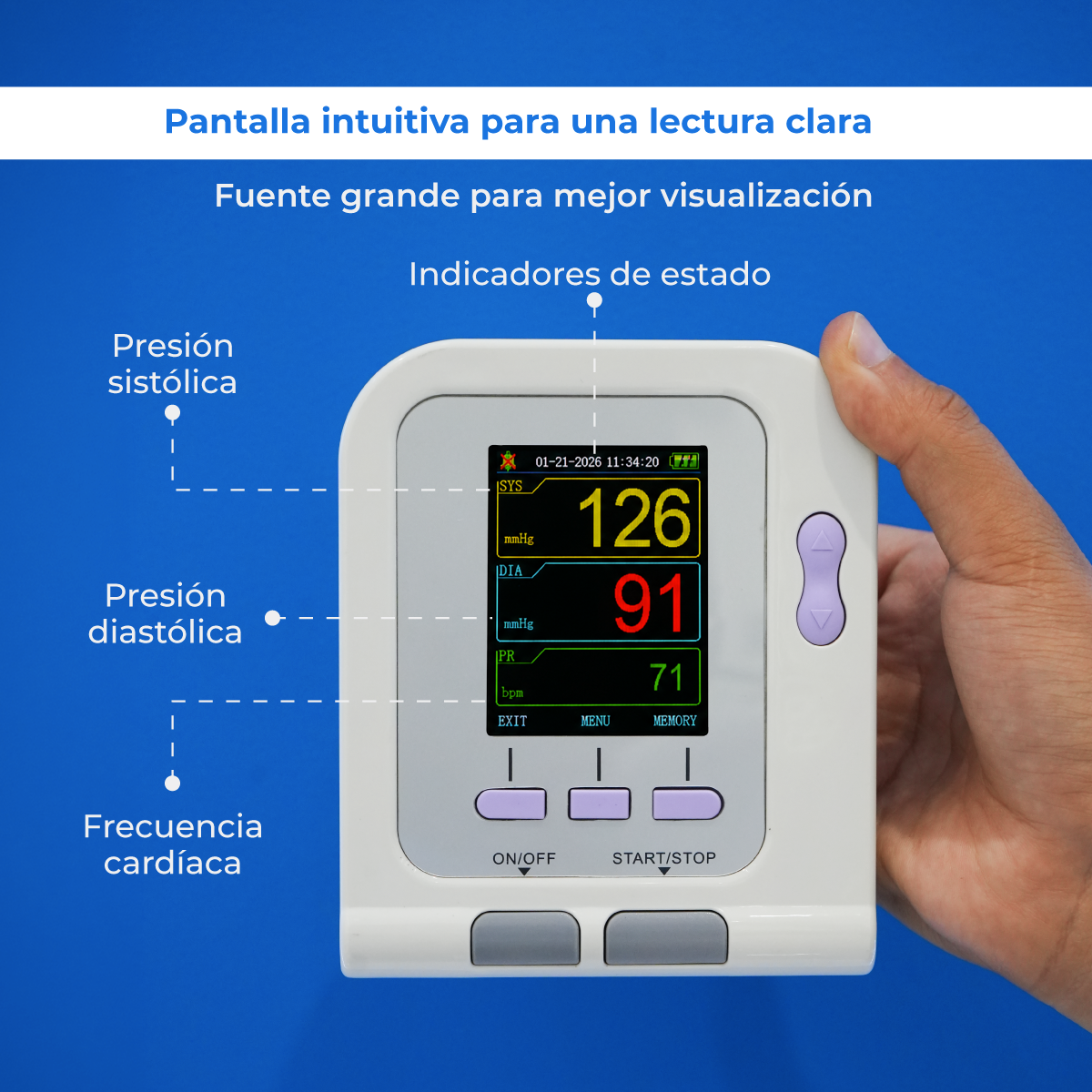 Pantalla del Checkatek B14H con presión sistólica, diastólica y frecuencia cardíaca