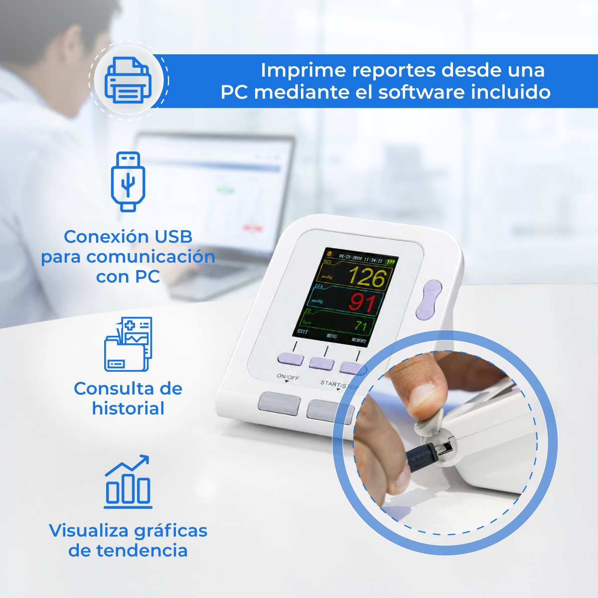 Puerto USB del Checkatek B14H, con leyendas de historial, tendencia y reportes en PC