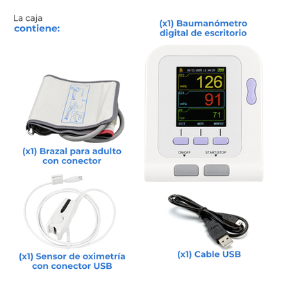Contenido de la caja Checkatek B14H: monitor, brazal adulto, sensor de oximetría y cable USB