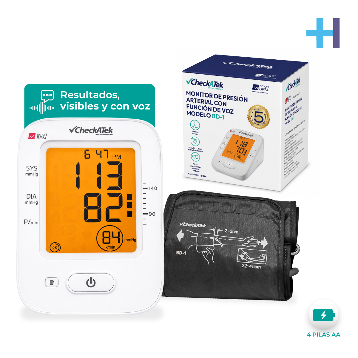Baumanómetro digital Checkatek BD-1 con su caja, el monitor y el brazalete para adulto
