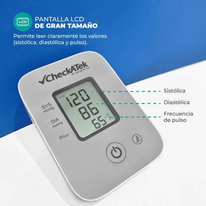 Pantalla LCD del baumanómetro Checkatek BD-2 con sistólica, diastólica y pulso