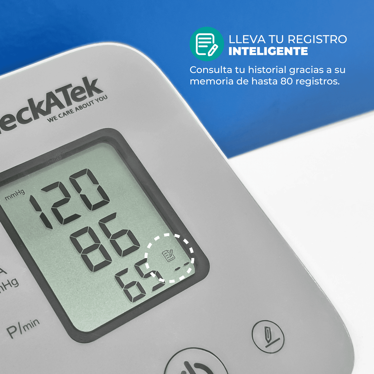 Detalle de la pantalla del baumanómetro Checkatek BD-2 y su memoria