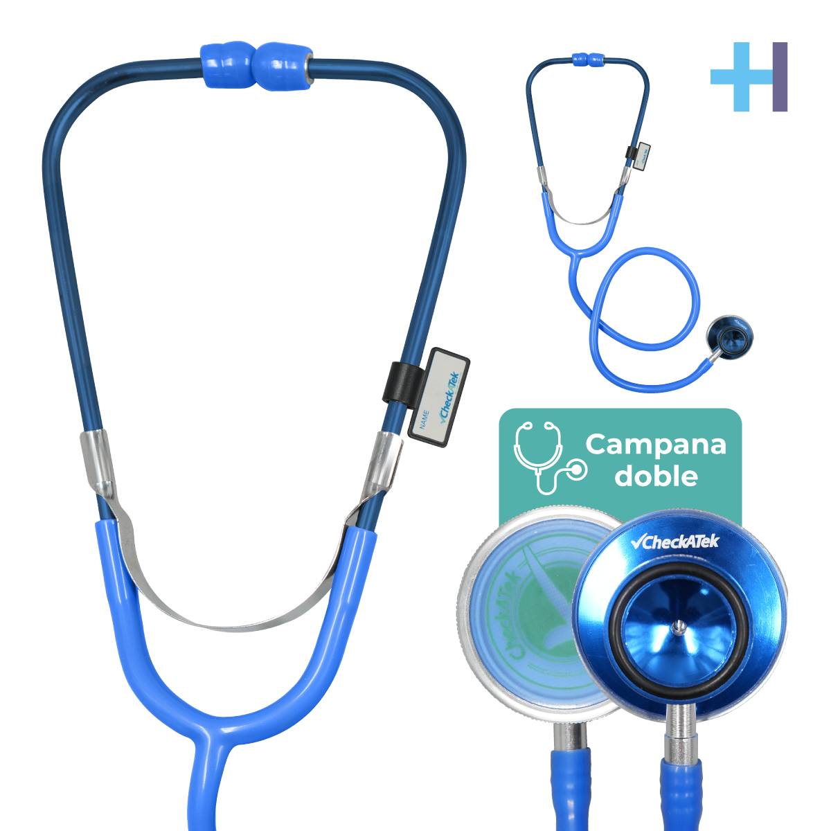 Estetoscopio Checkatek doble para adulto E1-1D color azul, con campana doble y porta nombres.