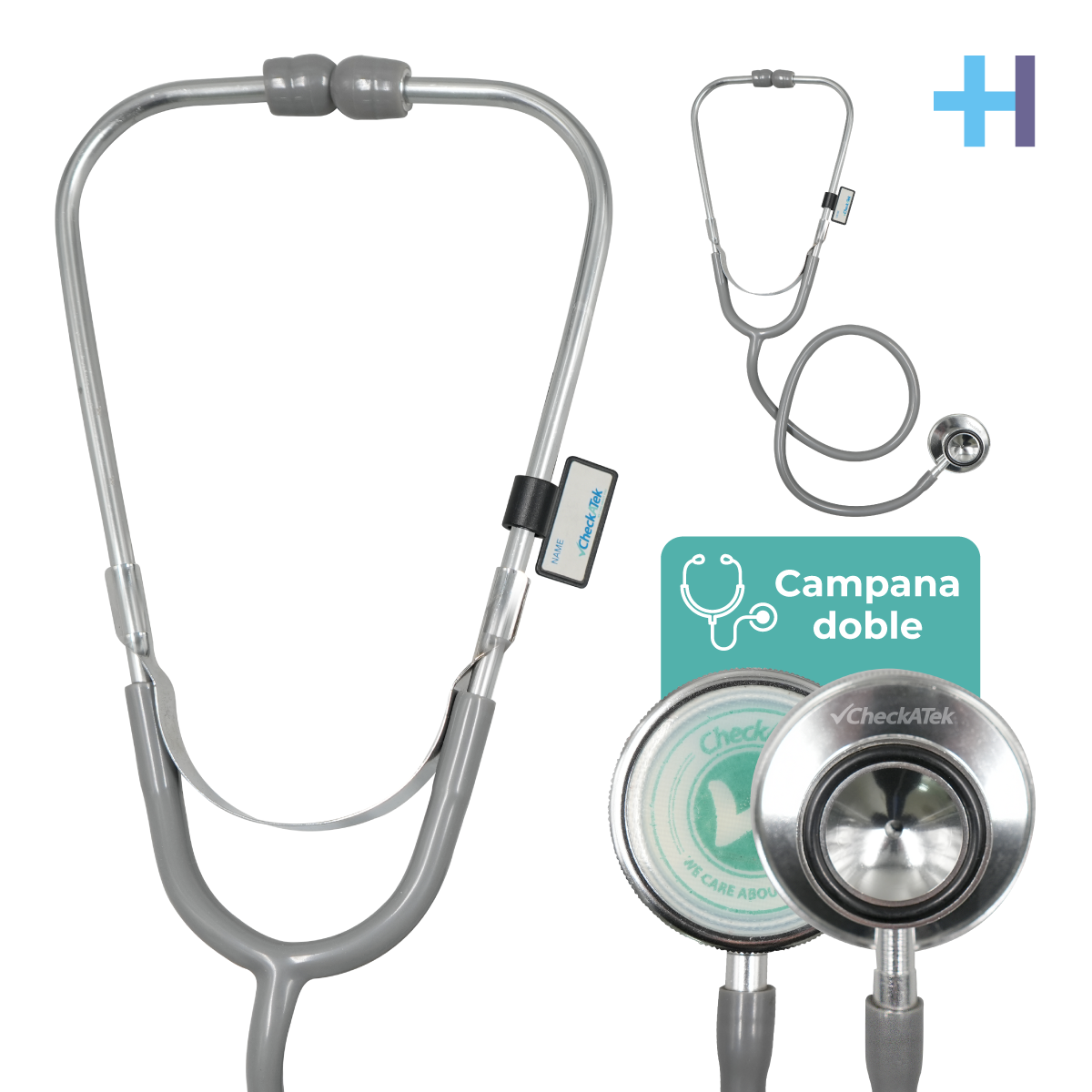 Estetoscopio Checkatek doble para adulto E1-3D color gris, con campana doble y porta nombres.