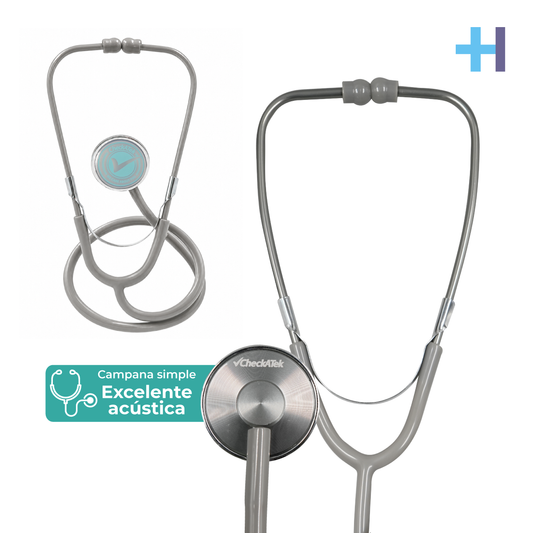 Estetoscopio Checkatek simple para adulto, referencia E1-3S, color gris, con campana sencilla.