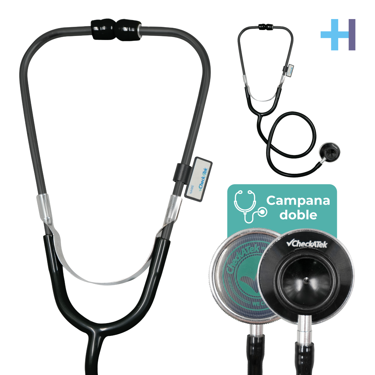 Estetoscopio Checkatek doble para adulto E1-4D color negro, con campana doble y porta nombres.