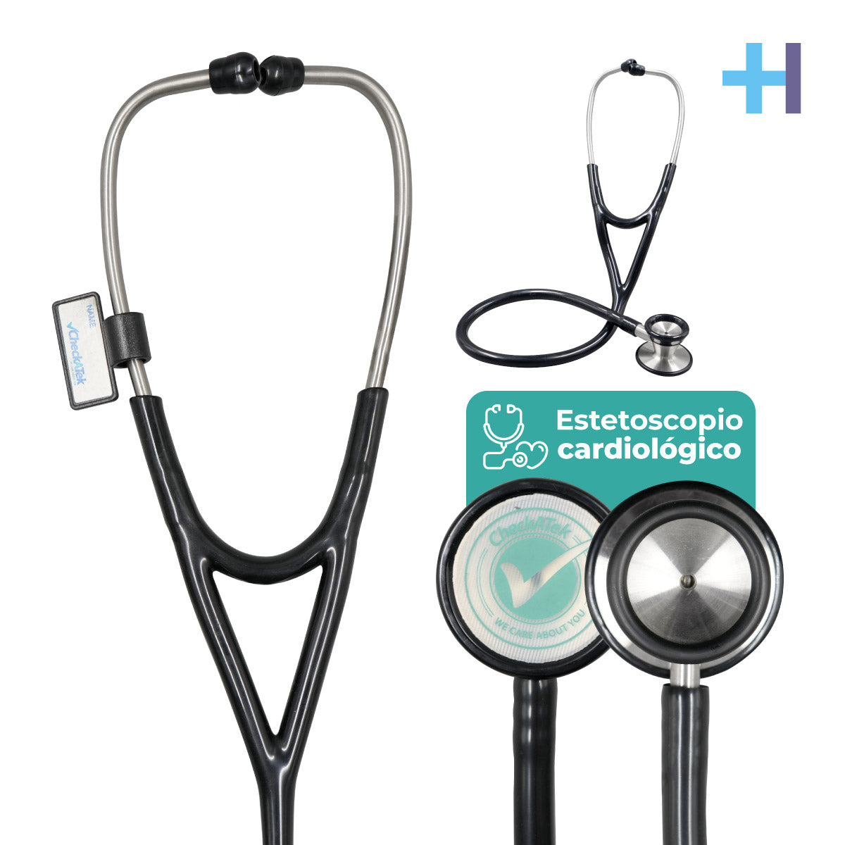 Estetoscopio cardiológico Checkatek E8-4 negro, con campana de acero y etiqueta de nombre.