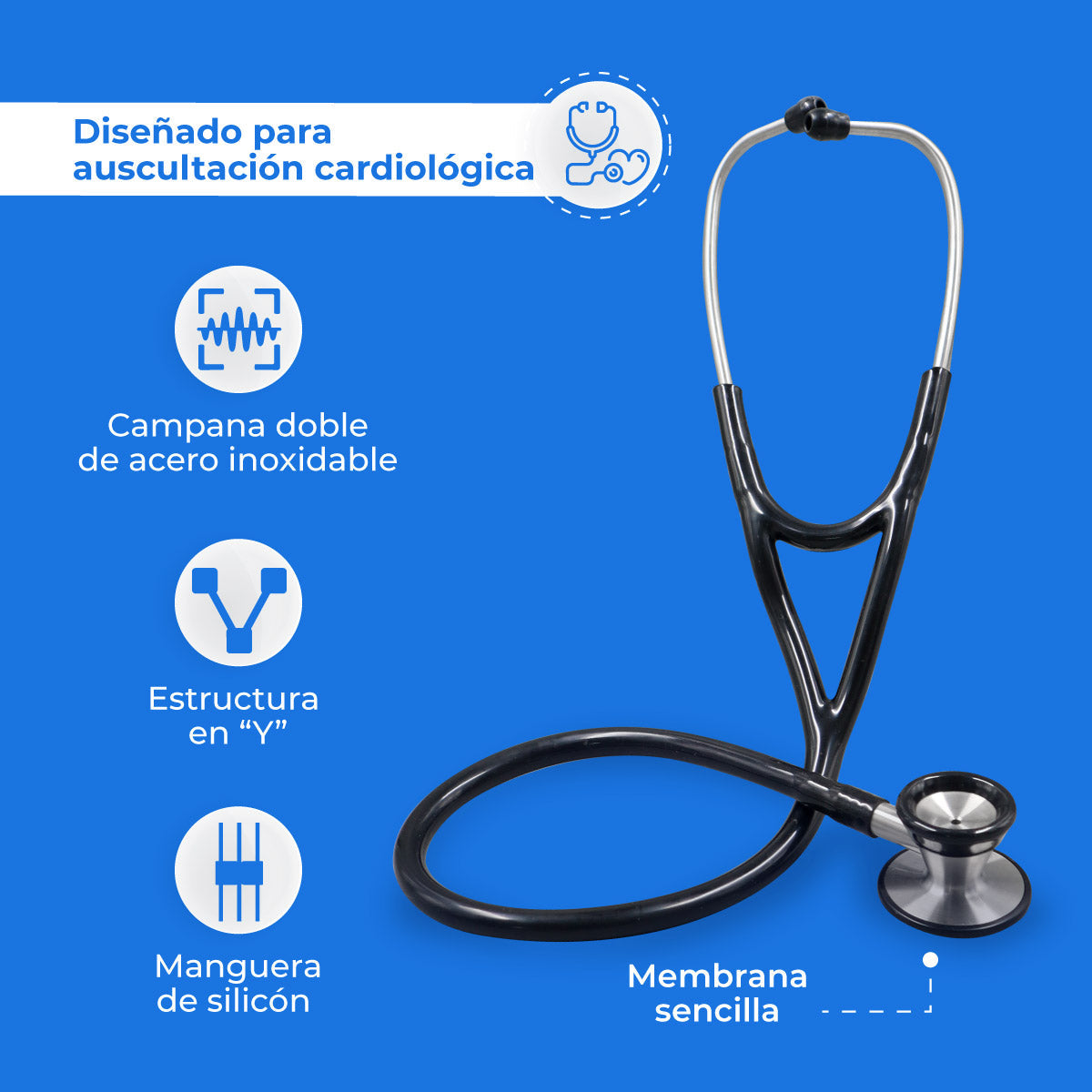 Estetoscopio Checkatek E8-4 negro con campana doble, estructura en Y y manguera de silicón.