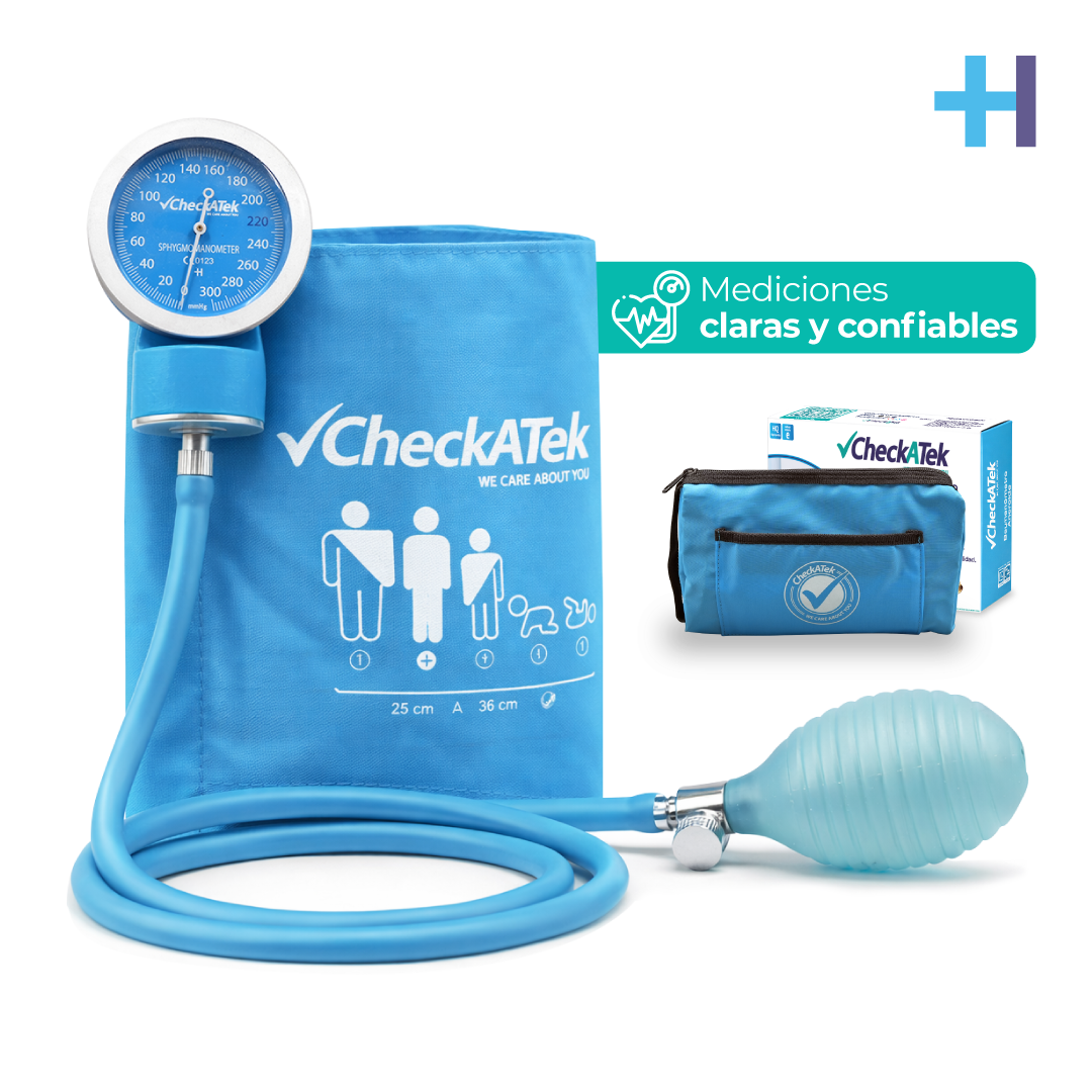 Baumanómetro aneroide Checkatek Eco B2-1 azul cielo translúcido, manómetro con arillo, brazalete 25 a 36 cm y bolsa