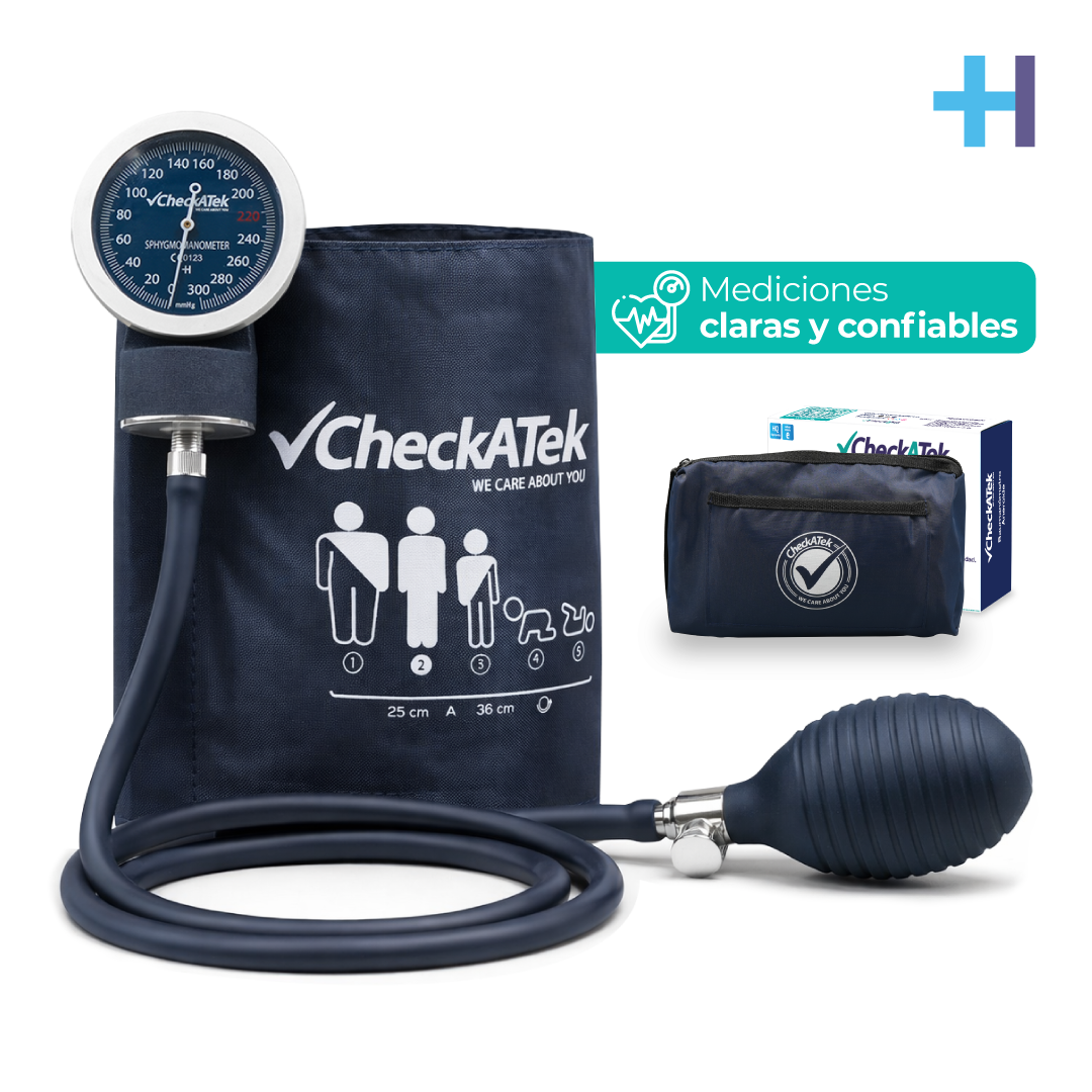 Baumanómetro aneroide Checkatek Eco B2-2 azul marino, manómetro con arillo, brazalete 25 a 36 cm y bolsa
