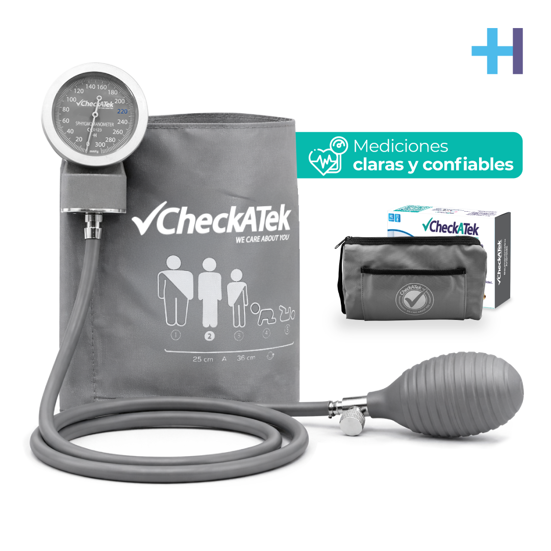 Baumanómetro aneroide Checkatek Eco B2-3 gris, manómetro con arillo, brazalete 25 a 36 cm y bolsa