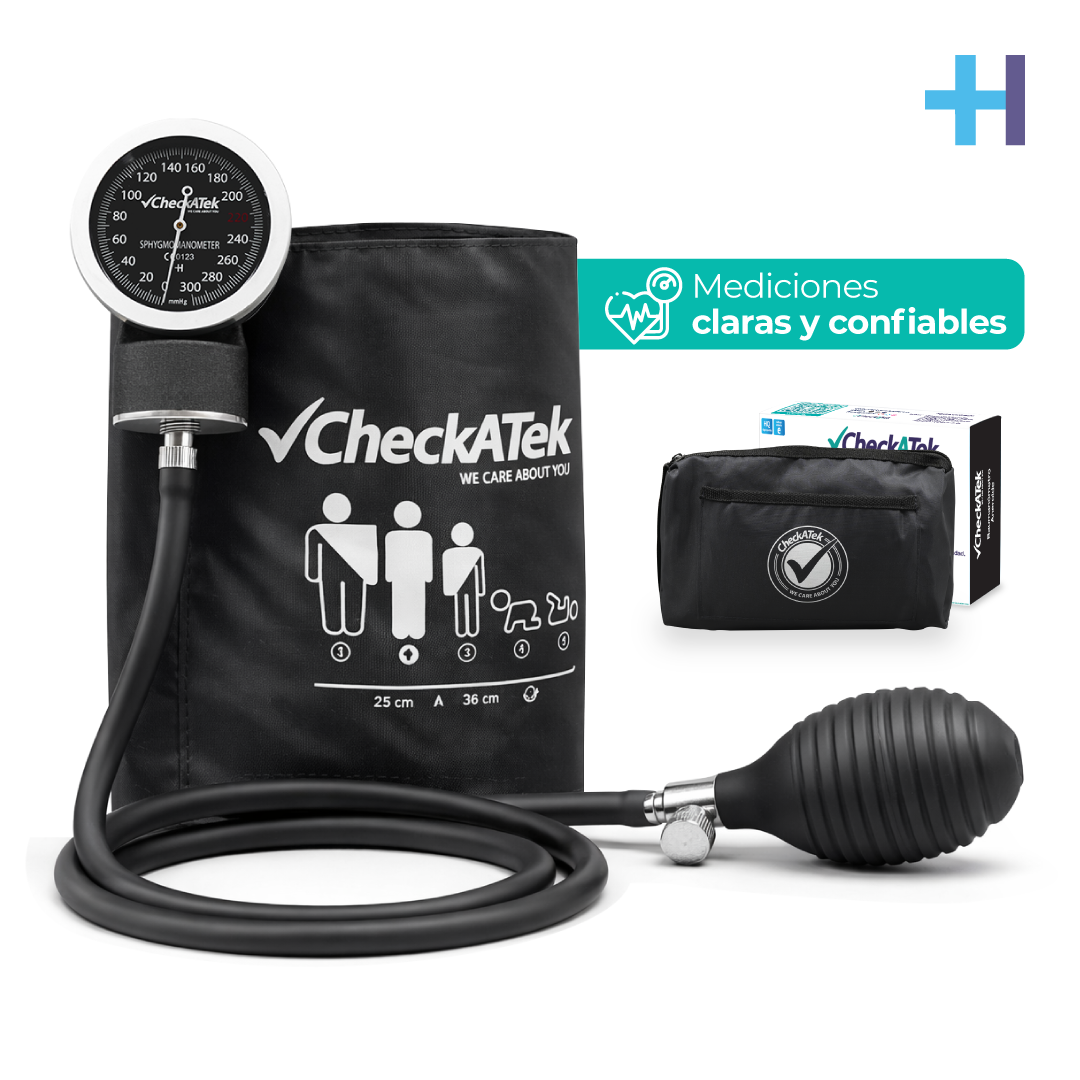 Baumanómetro aneroide Checkatek Eco B2-4 negro, manómetro con arillo, brazalete 25 a 36 cm y bolsa