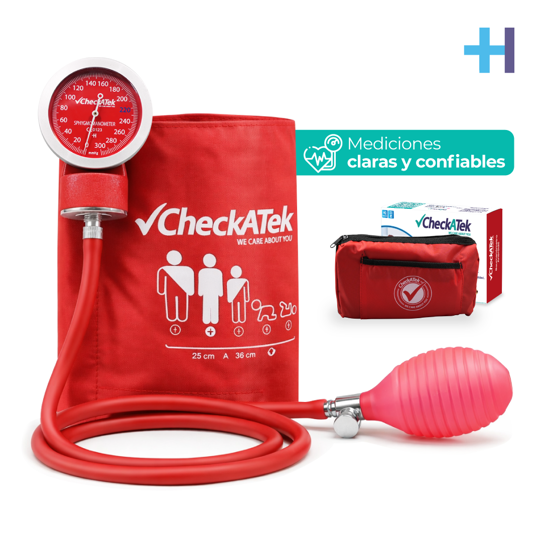 Baumanómetro aneroide Checkatek Eco B2-5 rojo translúcido, manómetro con arillo, brazalete 25 a 36 cm y bolsa