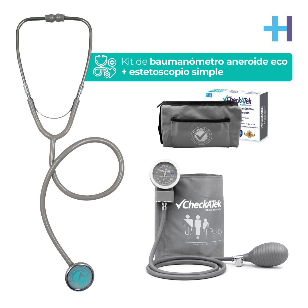 Kit Checkatek Eco gris B2-3S: baumanómetro aneroide, estetoscopio simple, estuche y caja.