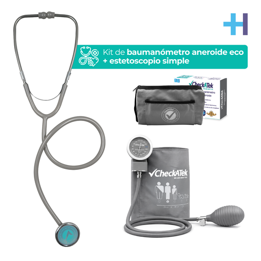 Kit Checkatek Eco gris B2-3S: baumanómetro aneroide, estetoscopio simple, estuche y caja.