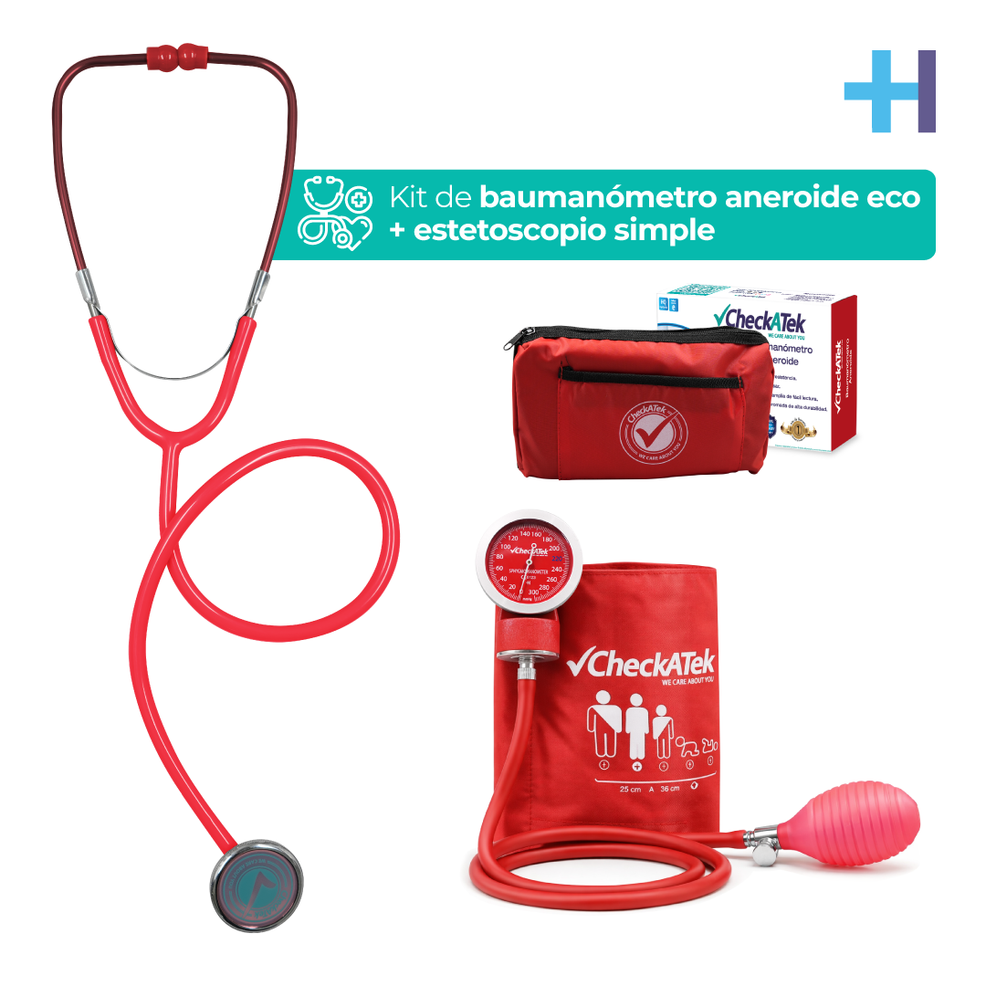 Kit Checkatek Eco rojo B2-5S: baumanómetro aneroide, estetoscopio simple, estuche y caja.