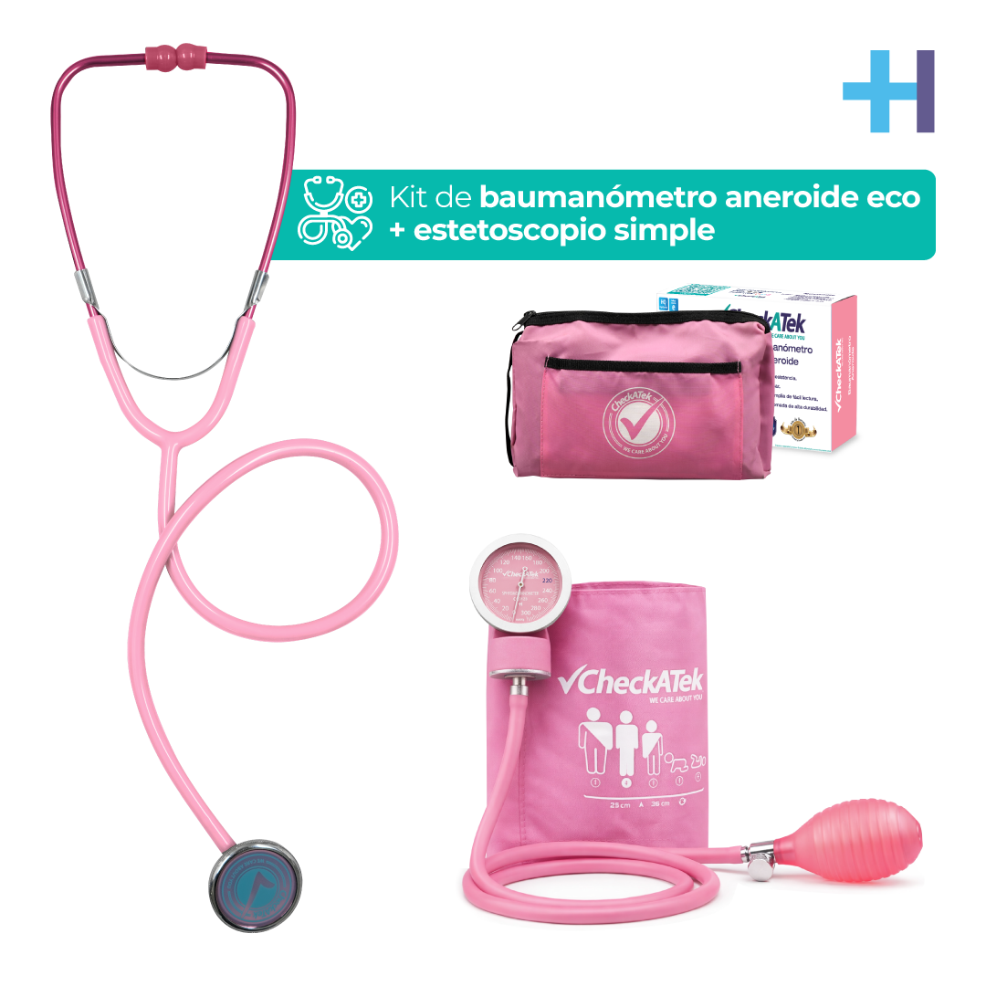 Kit Checkatek Eco rosa B2-6S: baumanómetro aneroide, estetoscopio simple, estuche y caja.