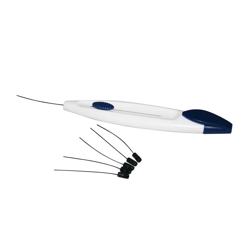 Lápiz de sensibilidad monofilamento Checkatek GF19, cuerpo blanco y extremo azul, sobre fondo blanco