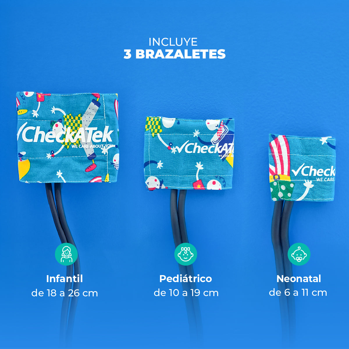 Tres brazaletes Checkatek: infantil 18 a 26 cm, pediátrico 10 a 19 cm y neonatal 6 a 11 cm