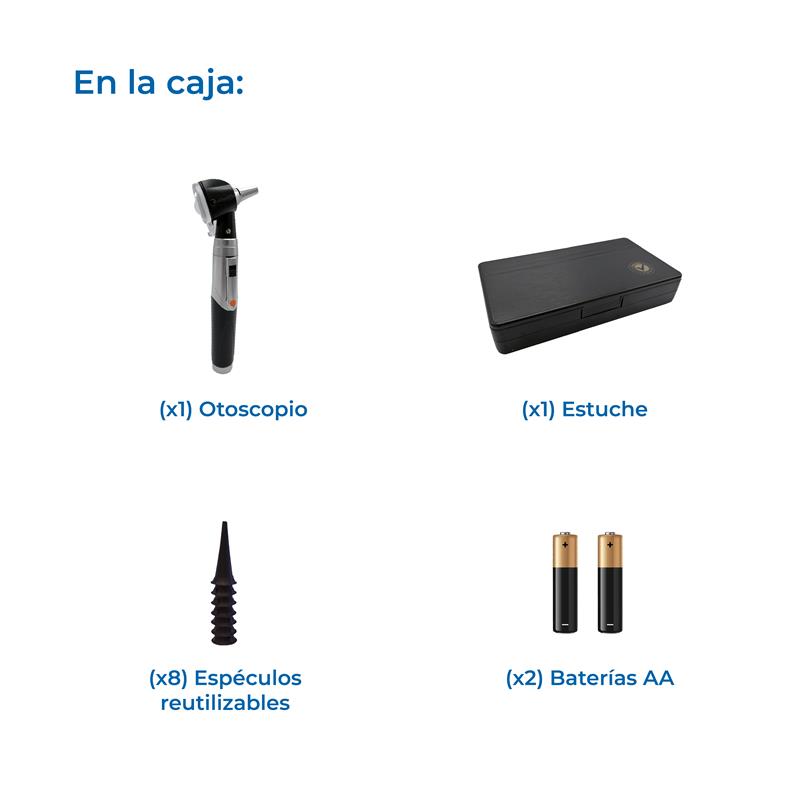 Contenido del Checkatek T310: un otoscopio, un estuche, ocho espéculos reutilizables y dos baterías AA.