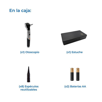 Contenido del Checkatek T310: un otoscopio, un estuche, ocho espéculos reutilizables y dos baterías AA.
