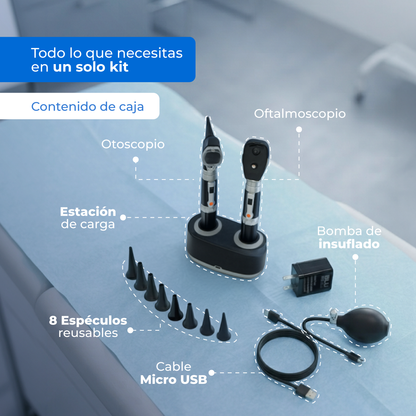 Contenido del set Checkatek TP312C2: otoscopio, oftalmoscopio, estación de carga, ocho espéculos, bomba de insuflado y cable.