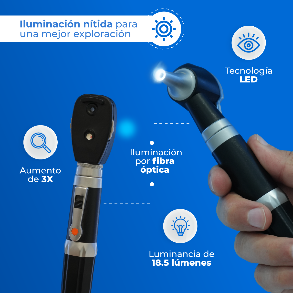 Otoscopio y oftalmoscopio Checkatek TP312C2 con luz LED, fibra óptica y aumento 3X.
