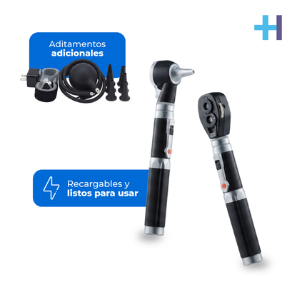 Set Checkatek TP312C2 con el otoscopio, el oftalmoscopio y un recuadro de accesorios.