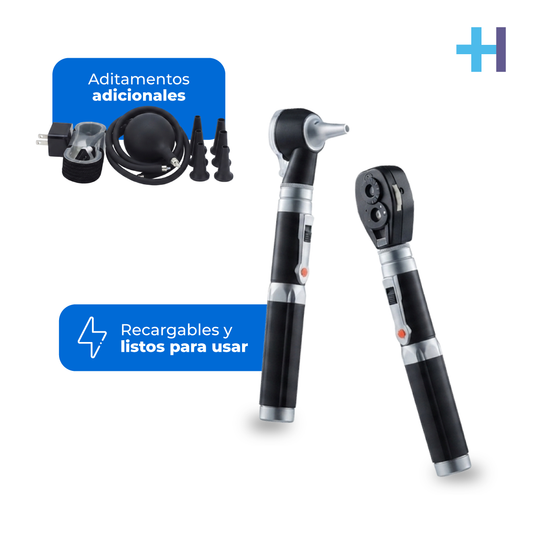 Set Checkatek TP312C2 con el otoscopio, el oftalmoscopio y un recuadro de accesorios.