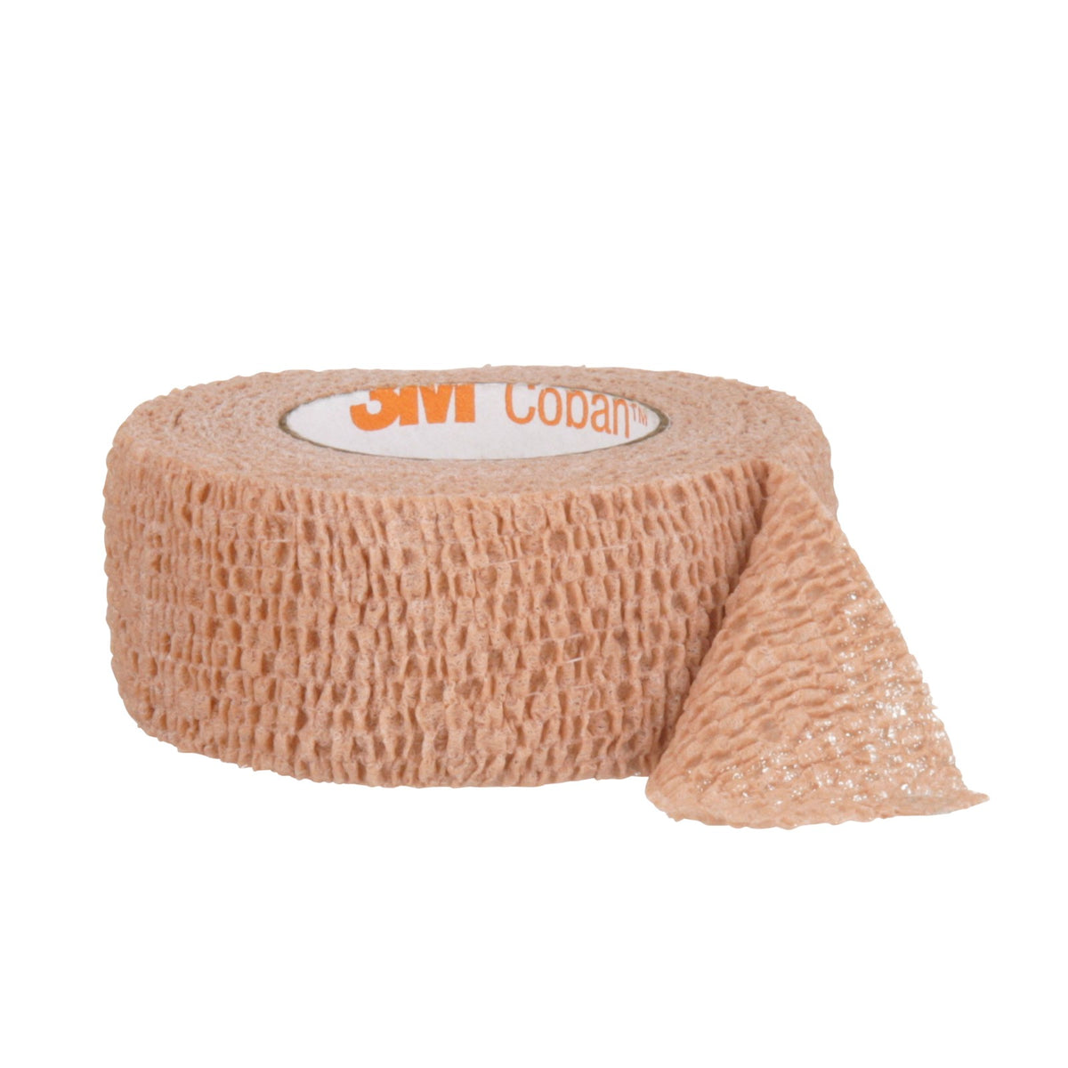 Rollo 3M Coban 1581 color piel 2.5 cm × 4.5 m sobre fondo blanco, núcleo con marca Coban